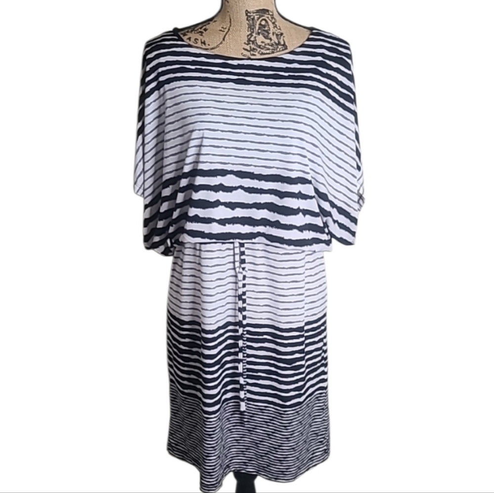 Style & Co Black White Sriped Blouson Mini Dress